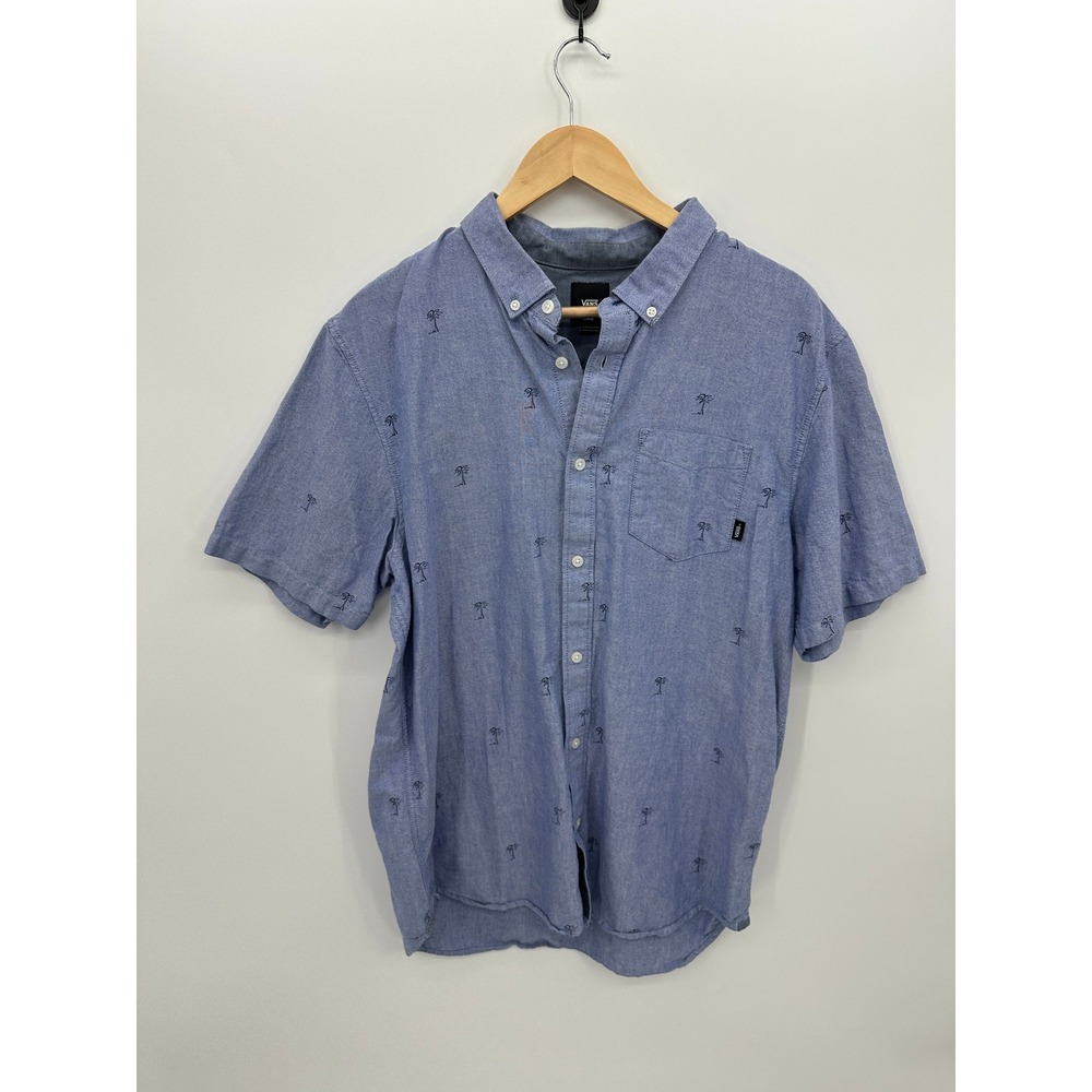 Vans Mens Large Blue Palm Tree Embroidered Short Sleeve Button Down Shirt Vaca